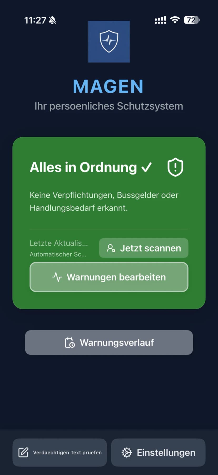 MAGEN App-Dashboard auf dem iPhone zeigt sicheren Schutzstatus