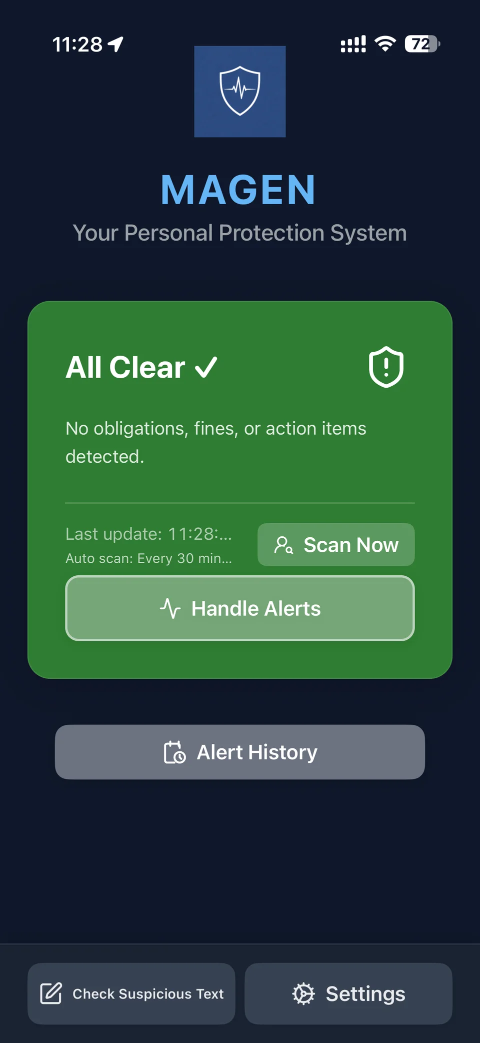 MAGEN app dashboard on iPhone showing all-clear protection status
