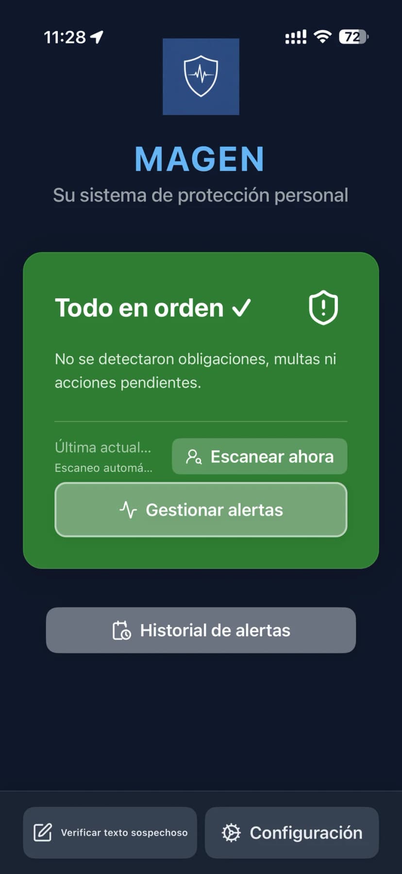 Panel de la aplicacion MAGEN en iPhone mostrando estado de proteccion seguro