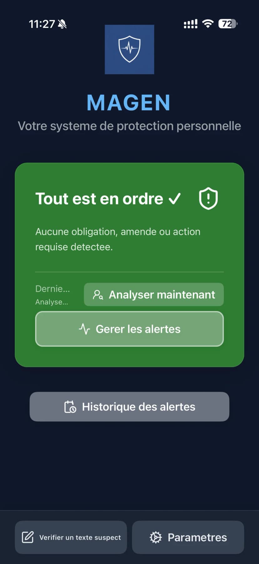 Tableau de bord de l'application MAGEN sur iPhone affichant un statut de protection securise