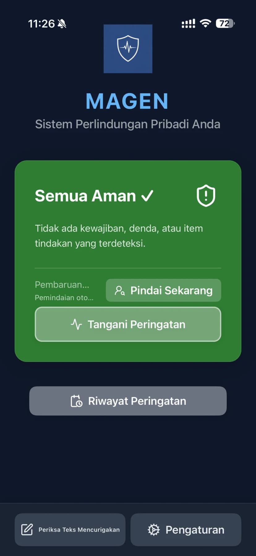 Dasbor aplikasi MAGEN di iPhone menampilkan status perlindungan aman