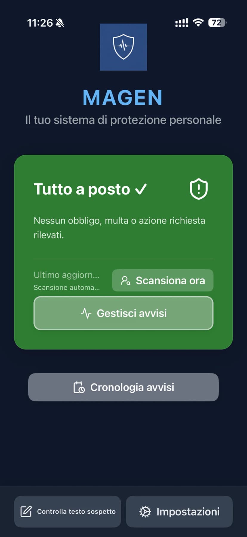 Dashboard dell'app MAGEN su iPhone che mostra lo stato di protezione sicuro