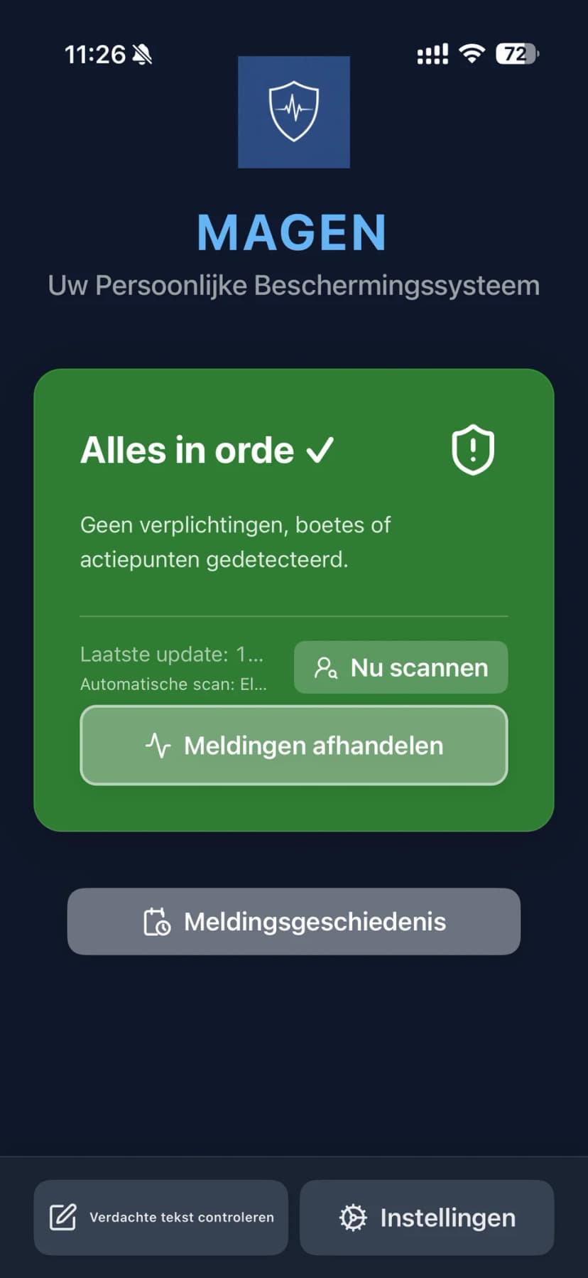 MAGEN app-dashboard op iPhone toont veilige beschermingsstatus