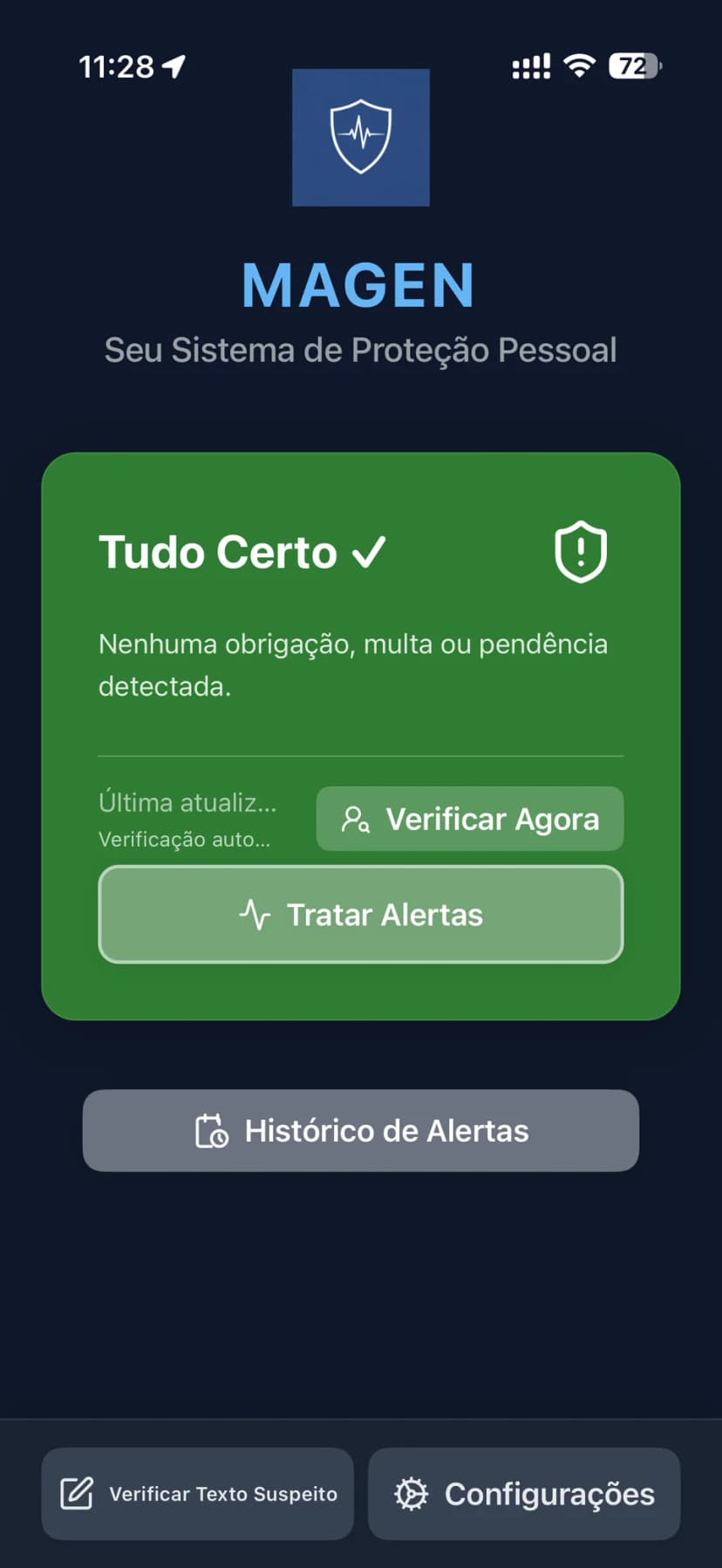 Painel do aplicativo MAGEN no iPhone mostrando status de protecao seguro