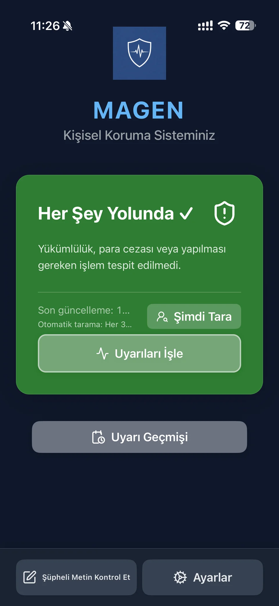 iPhone'da MAGEN uygulama paneli guvenli koruma durumunu gosteriyor