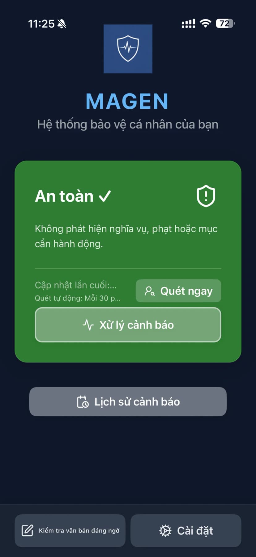 Bang dieu khien ung dung MAGEN tren iPhone hien thi trang thai bao ve an toan