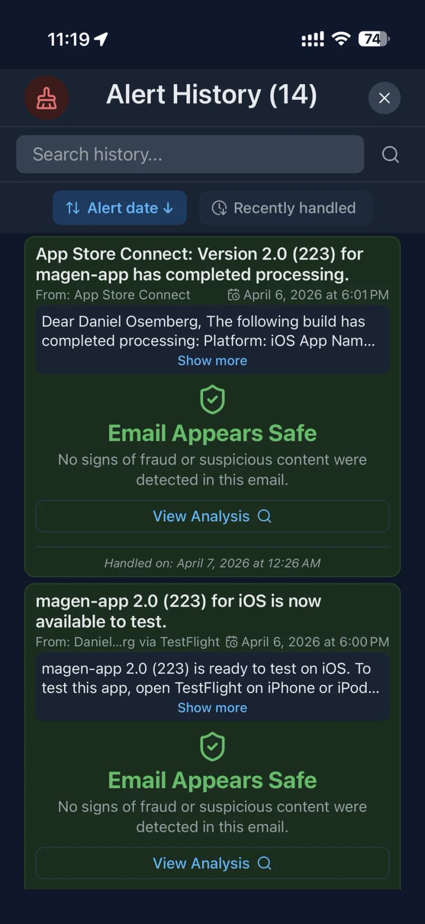 Complete alert history