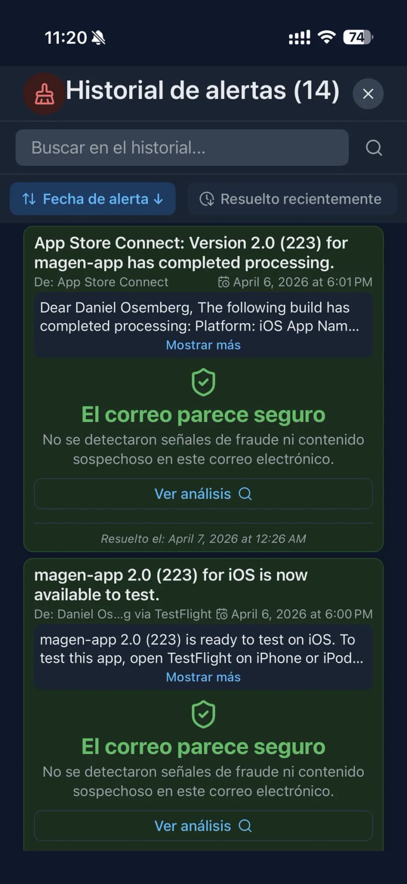 Historial completo de alertas