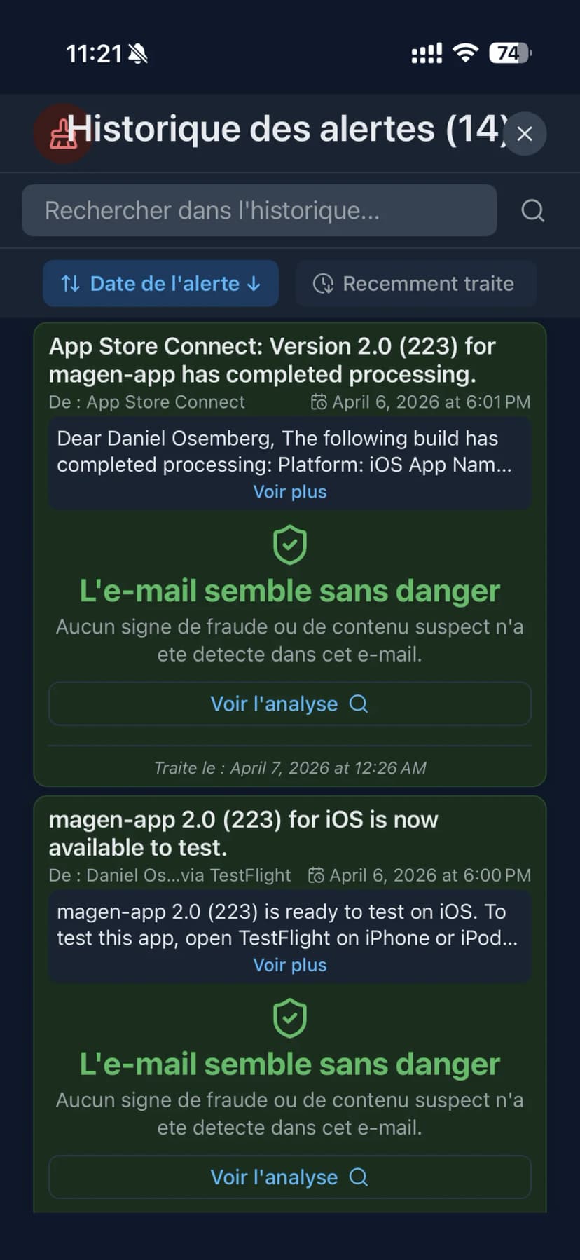 Historique complet des alertes
