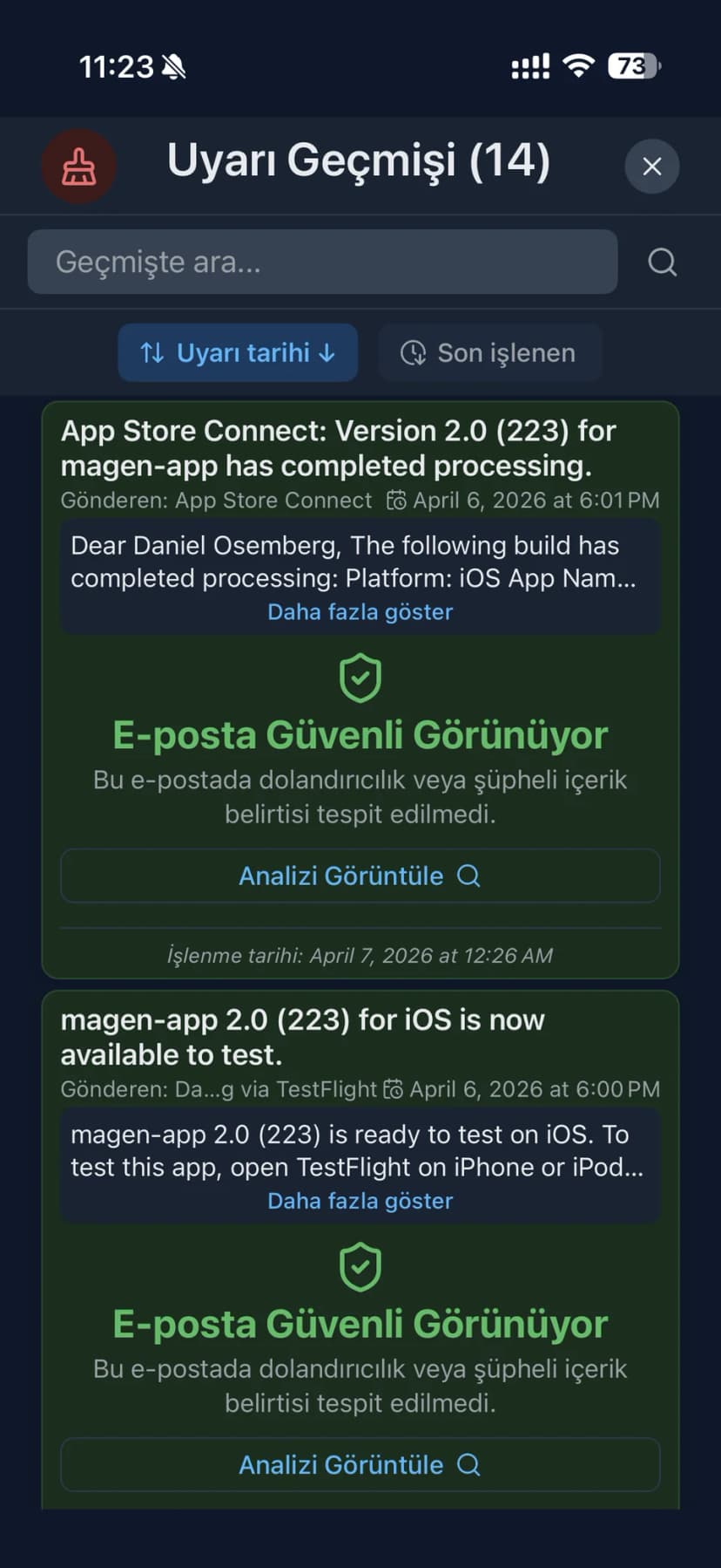 Tam uyarı geçmişi